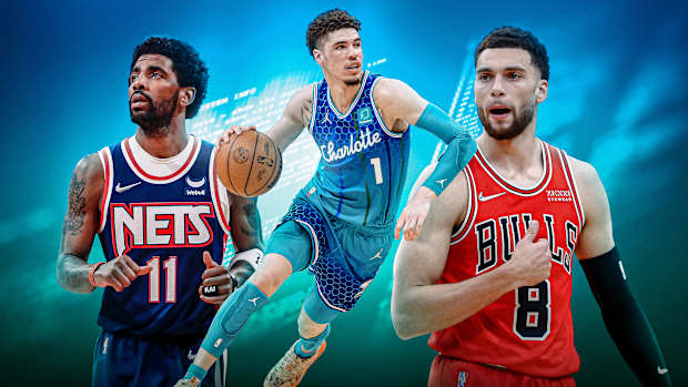 Kyrie Irving, LaMelo Ball, and Zach LaVine